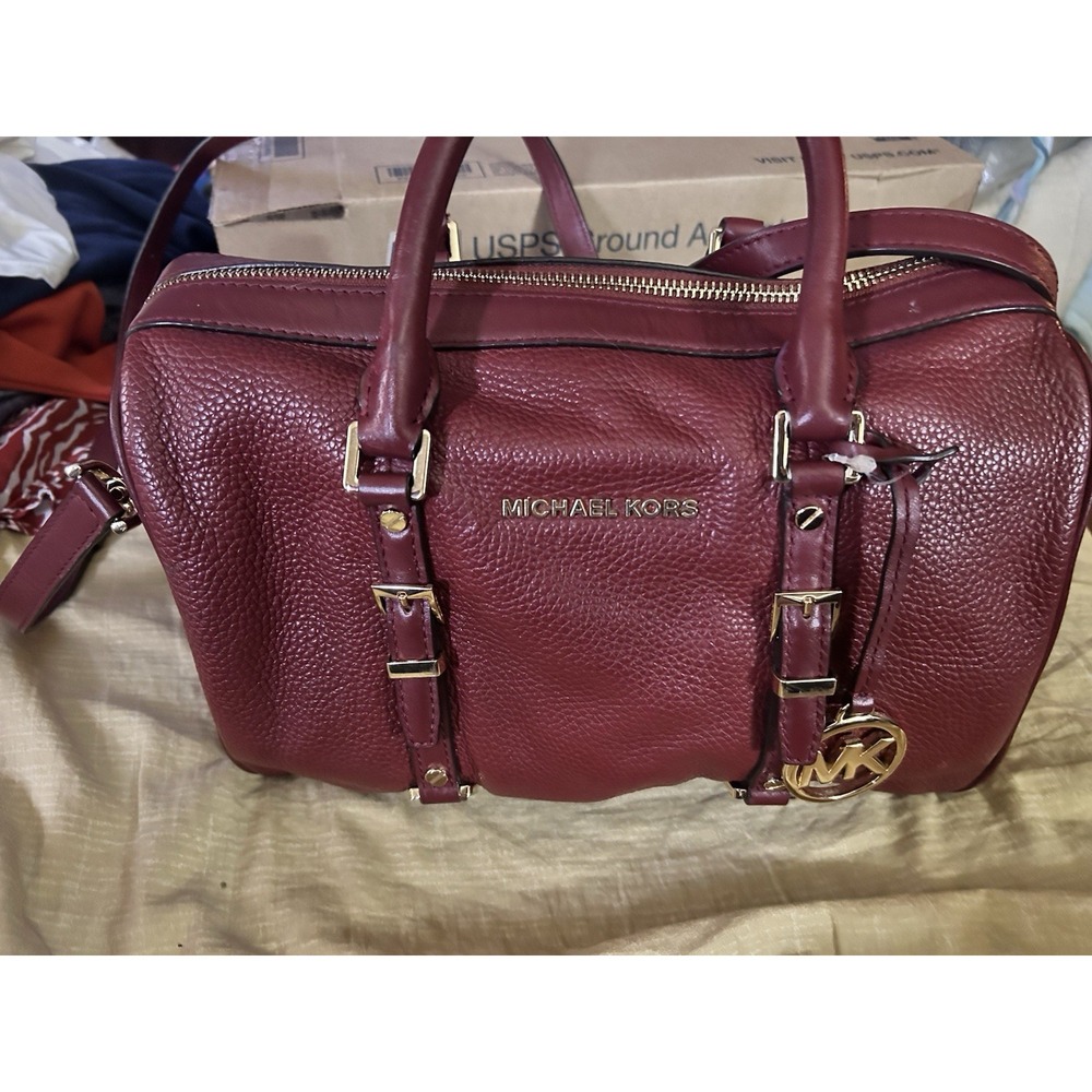 Michael Kors Burgundy‎ Leather Satchel Crossbody Bag MK Charm Gold Hardware